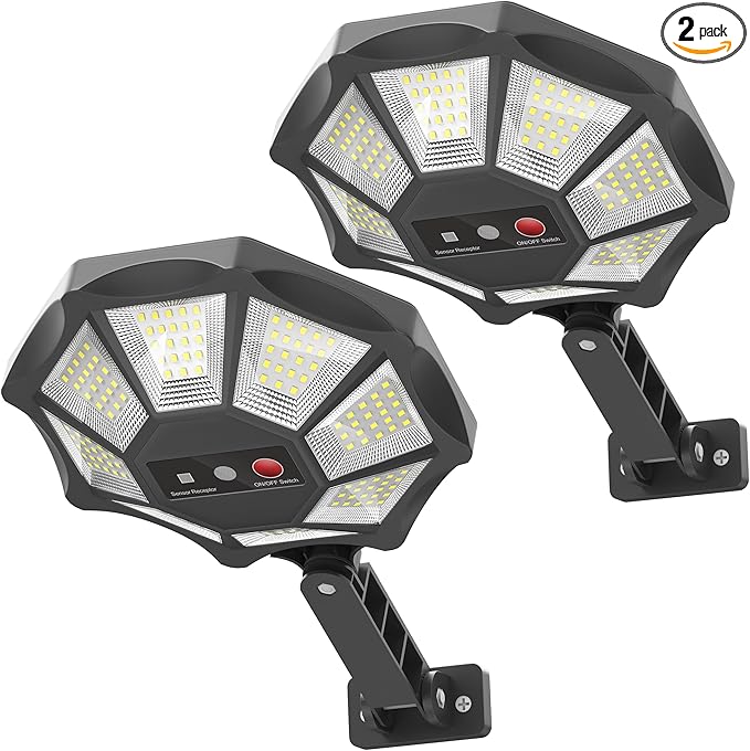 Solar Lights Outdoor 168LED 6500K Flood Light Dusk to Dawn 8 Sides Solar Outdoor Lights with Motion Sensor IP66 Waterproof Solar Street Lights Outdoor for Yard Pools(2 Pack)