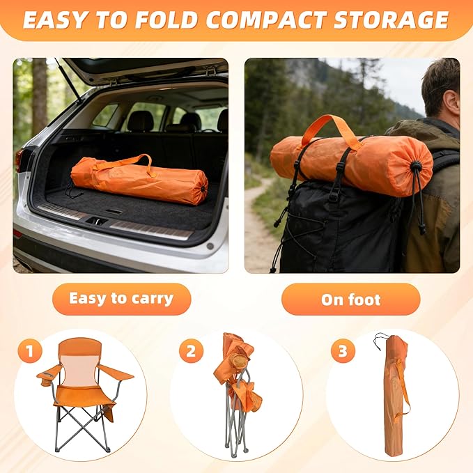 Lightweight Camping Chair for Adults 300lbs Capacity Foldable Portable Lawn Chair with Carry Bag Outdoor Chair for Camping Lawn Beach &amp Travel Orange