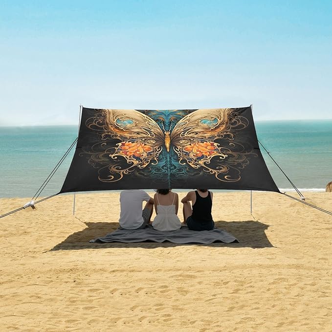 ALAZA Butterfly Gothic Beach Tent Sun Shelter UPF50+ Protection Beach Shade Canopy w/ 4 Sandbags for Outdoor Camping Fishing Backyard Fun Picnic 10x9 ft