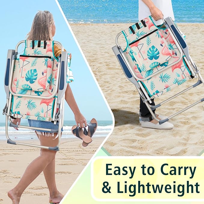 63 * 70 * 99cm Heightened Oxford Cloth Silver White Aluminum Tube Bearing 100kg Beach Chair Flamingo