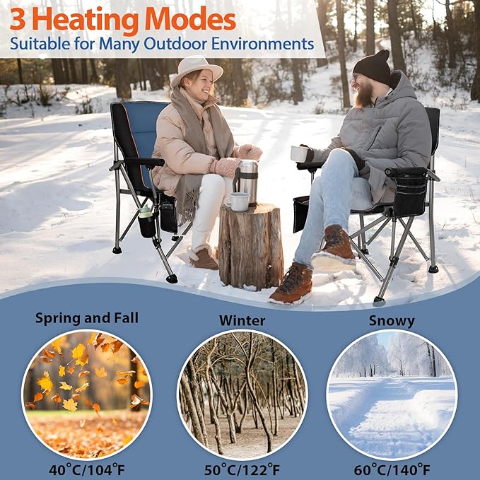 Heated Camping Chair with 20000 mAh Battery Loog-Lasting for 500 Mins Fully Padded Heated Camp Chairs Heavy Duty Folding Chairs Supports 500 lbs for Winter Camping Picnics Tailgating RV Travel