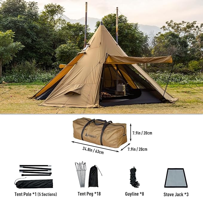 POMOLY Tipi Tent Camping Hot Tents Bromance 70 Pyramid with 3 Stove Jacks for 2-4 Person Hiking Hunting