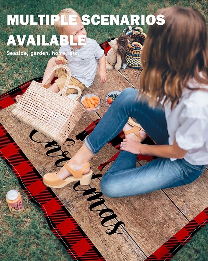 Beach Blanket Waterproof Sandproof Christmas Cow Pig Chicken Farm Animals Quick Drying Beach Mat with 4 Stakes Red Buffalo Plaid Vintage Brown Wood Lightweight Picnic Blanket for Travel 118x108