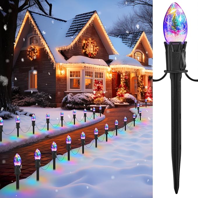 C9 Christmas Pathway Lights Outdoor 25Ft 20 LED Christmas String Lights with Stakes 4 Light Modes Waterproof Connectable Christmas Decorations for Outside Lawn Yard Sidewalk Driveway Multicolor