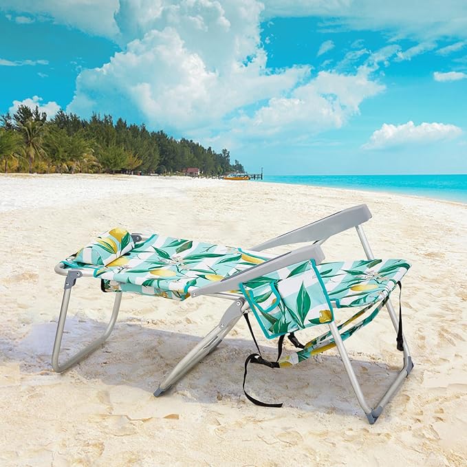 Tall Beach ChairFolding Tall Backpack Beach Chair with 5 PositionsLightweight Beach Camping Chairs with Cooler BagCup HoldersTowel Barfor Adults (Lemon)
