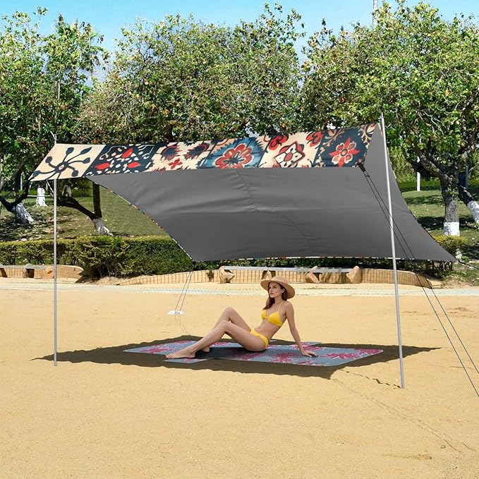 Bohemian Texture Beach Tent Sun Shelter 9.2' x 10.5' Beach Canopy with 4 Sandbags 4 Stability Poles Sand Shovels - Tent Canopy for Beach Camping Fishing Picnics