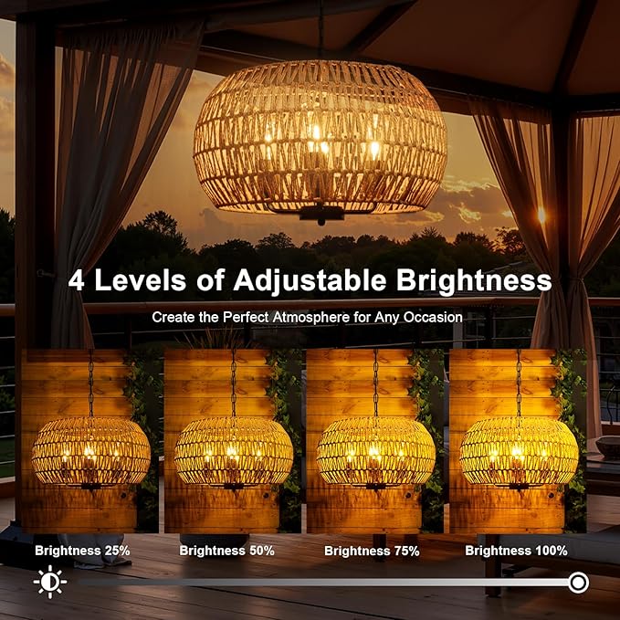 Outdoor Solar Chandelier 4-Light 19 Rattan Outdoor Chandelier Hanging Pendant Lights Waterproof for Gazebo Pergola Porch Patio