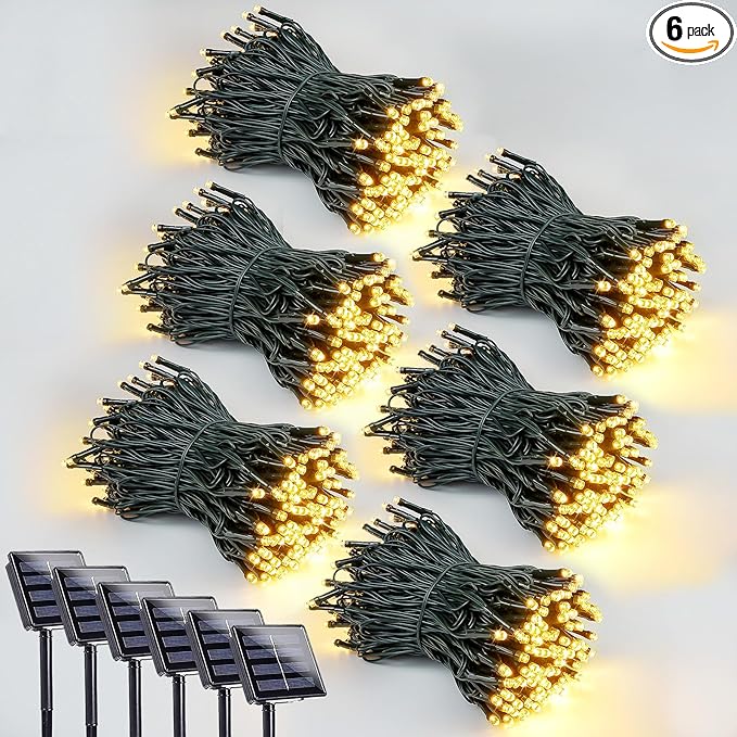 6 Pack 600 LED Solar String Lights for Outside Solar Christmas Lights Outdoor with 8 Lighting Modes Waterproof Green Wire Solar Powered Tree Light for Xmas Party Yard Garden Decorations (Warm White)
