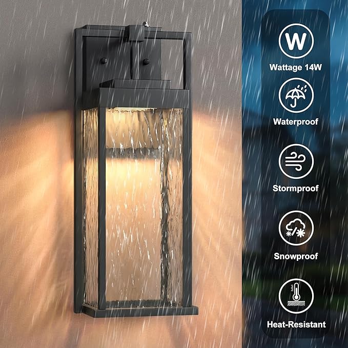 LED Outdoor Light Fixture 18Inch Waterproof Dusk to Dawn Outdoor Lighting Water Rippled Glass Exterior Lantern Sconce Modern Outside Wall Light for Porch House Garage Black