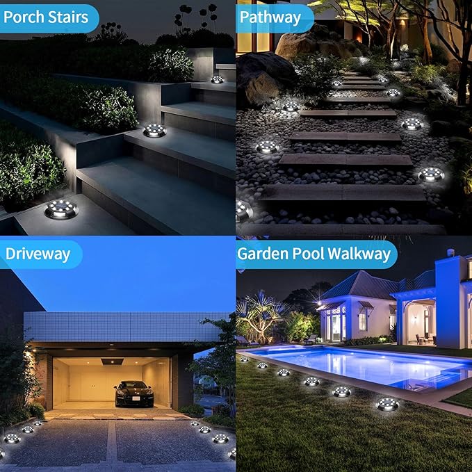 Solar Ground Lights Outdoor Waterproof 8 Pack 12 LEDs Solar Garden Disk Lights Landscape Lighting for Outside Pathway Deck Yard Patio Lawn Driveway Walkway Deco (White Lights)