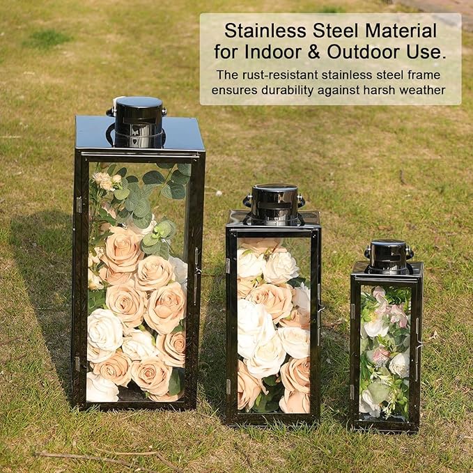 NEEDOMO Stainless Lanterns Decorative Outdoor &amp Indoor Set of 3 Outdoor Lanterns for Porch 25/ 19.5/15 Candle LanternStainless with Glass Vintage Farmhouse Patio Pathway Garden Christma