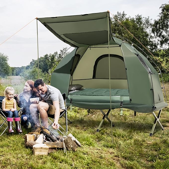 LDAILY Camping Tent Cot 5 in 1 Off Ground Elevated Tent with Air Mattress Sleeping Bag &amp Pillow Folding Camping Cot Combo with Carrying Bag for Outdoor Hiking RV Picnic Field Backyard (1 Per