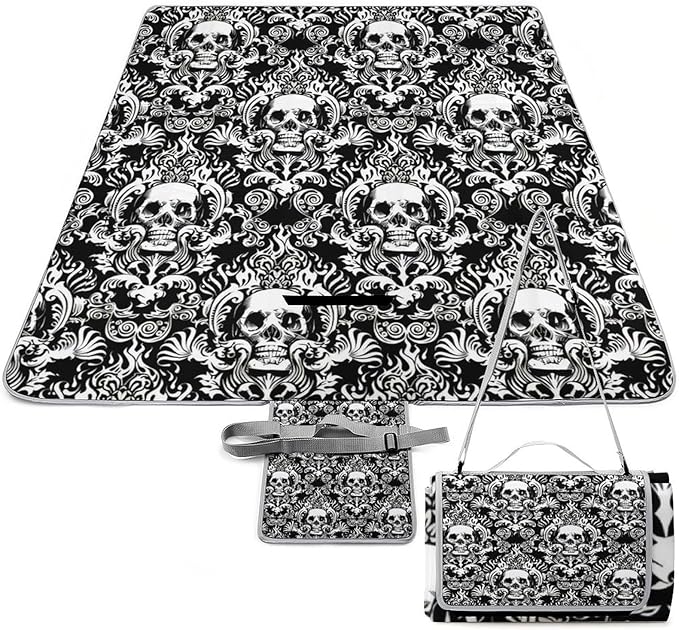 Gothic Skulls Damask Style Black White Waterproof Outdoor Picnic Blanket Sandproof Beach Mat for Camping Hiking Grass Travelling