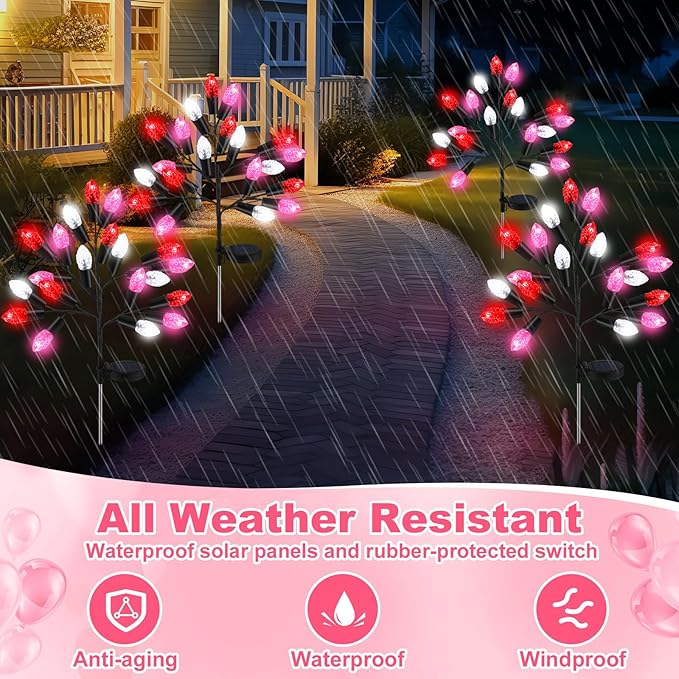 4 Pcs Valentine's Day Outdoor Decoration Solar Pathway Lights 28 Pink Stake Light Waterproof 8 Modes 80 Heart Shape LEDs for Yard Walkway Path Garden Patio Valentine Decor