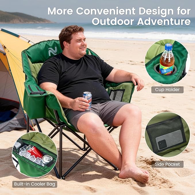 ABORON Oversized Camping Chair Portable Folding Chair with Cooler Bag &amp Cup Holder Heavy Duty Lawn Chair for Camping Patio Backyard Supports 400 lbs