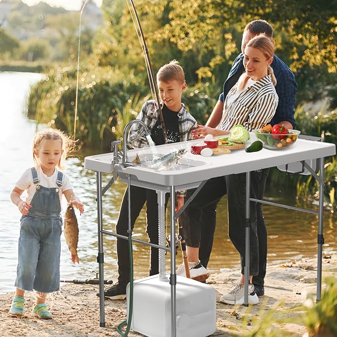 Folding Fish Cleaning Table with Sink 50x27 Bi-Folding Portable Camping Sink Station with Drain Hose Trash Can Gloves and Cleaning Kits Foldable Outdoor Sink for Camping Fishing BBQ