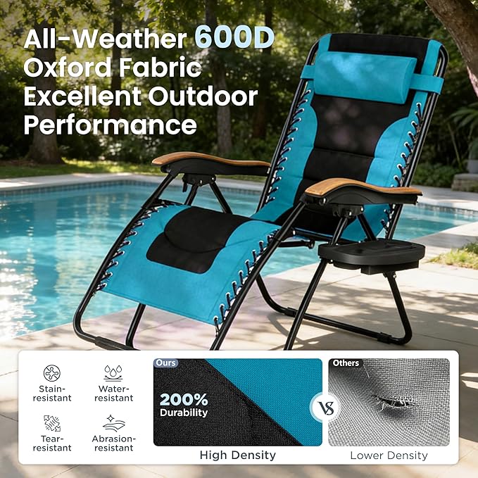 PHI VILLA XXL Oversized Padded Zero Gravity Chair Foldable Patio Recliner 30 Wide Seat Anti Gravity Lounger with Cup Holder Support 400 LBS (Aqua)