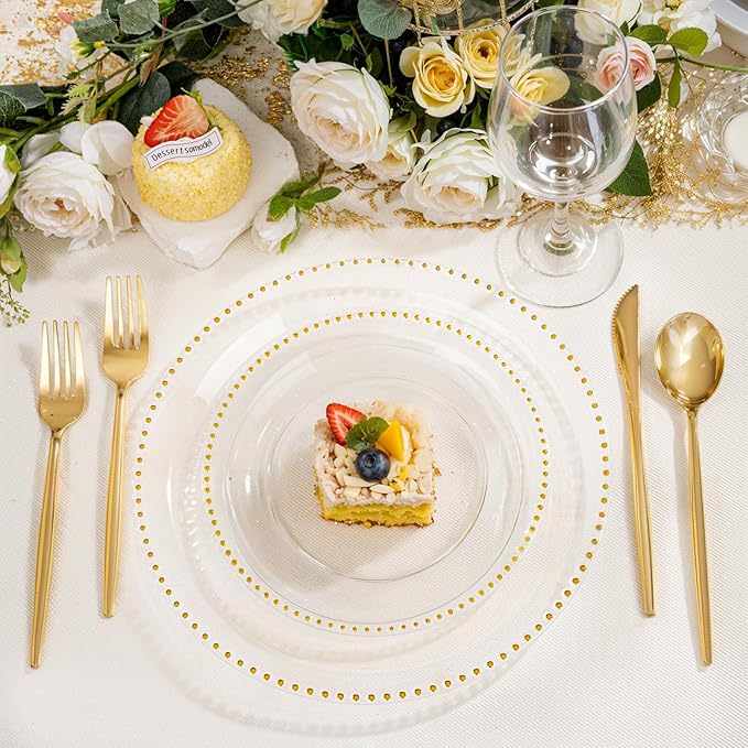 Rubtlamp 60Pcs Clear Gold Plastic Plates Clear Disposable Plates With Gold Beaded Heavyduty Plastic Plates Include 30 Dessert Platos 30 Dinner Platos for Wedding Party
