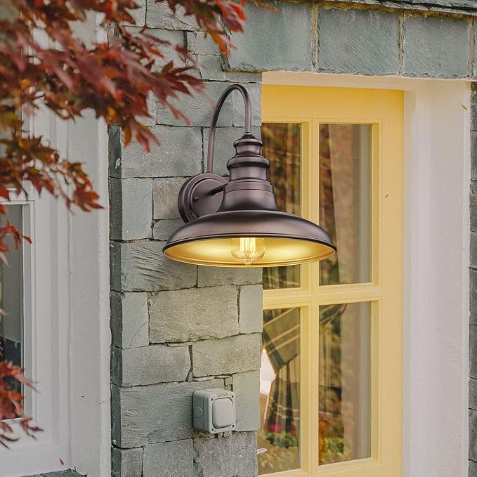 Outdoor Barn Light Fixture Farmhouse Wall Mount Light Wall Sconce Exterior Wall Lighting Fixture Industrial Bronze Finish Lantern for Porch with Gold Interior 1Pack RZ004 ORB
