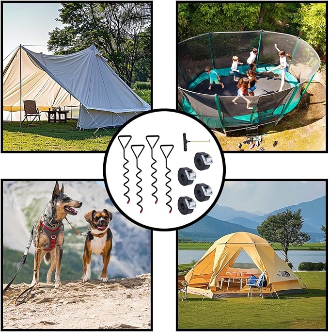 Trampoline Stakes 4 Pack - Heavy Duty Trampoline Anchors Kit - Screw In Ground Anchors High Wind with Straps for Trampolines (Black)