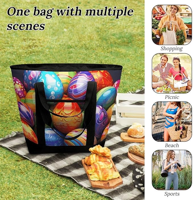 Insulated Shopping BagLarge Reusable Cooler Bags Easter Eggs Printed Foldable Shopping BagTravel Waterproof Shoulder Bag