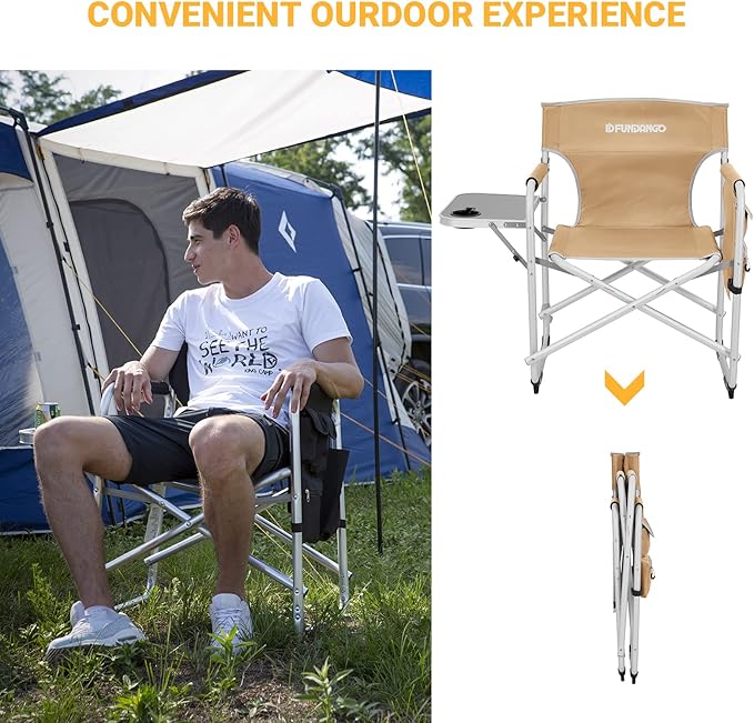 FUNDANGO Aluminium Camping Director Chair with Armrest Portable Lightweight Folding Outdoor Camping Chair with Side Table &amp Umbrella Holder Full Back Lawn Chair for Camping Fishing Picnic Stadiu
