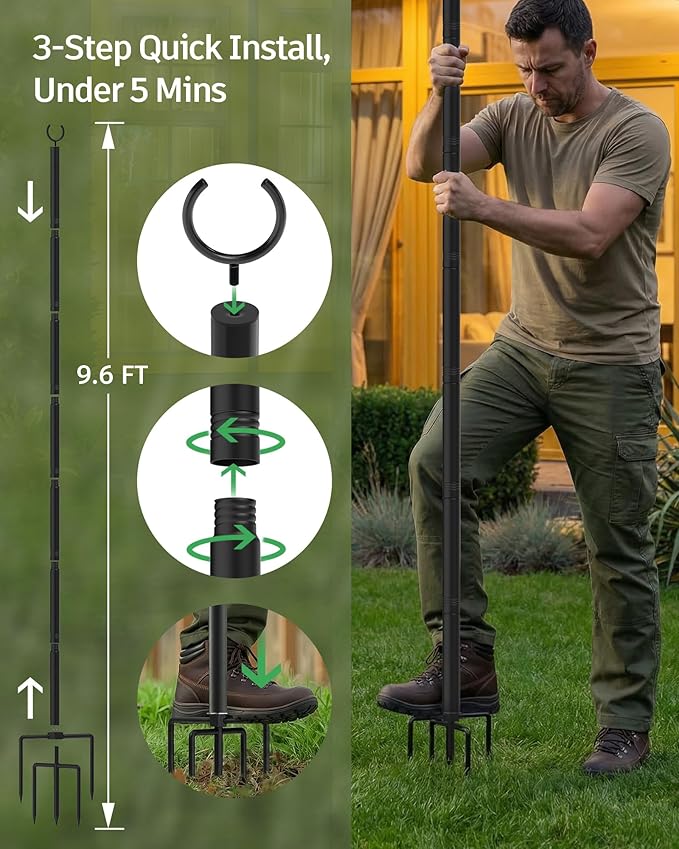 LAND·VOI Outdoor String Light Poles 1 Pack Heavy Duty String Light Poles for Outside with 5-Prong Base &amp Adjustable Height Perfect for Backyard Patio Garden Fence and Party Decor