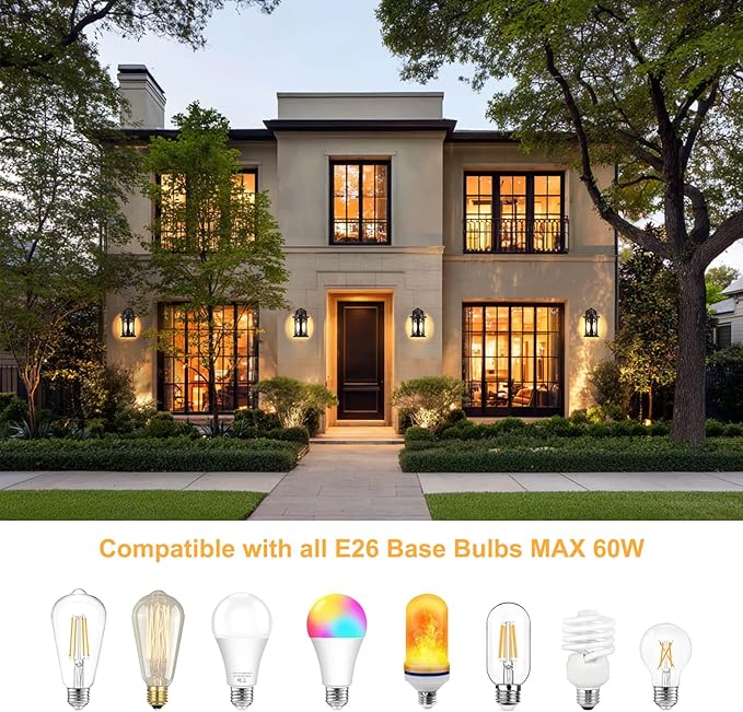 OKELI 2-Pack Dusk to Dawn Outdoor Wall Lights Black Exterior Lighting Fixture Wall Sconces with E26 &amp Tempered Glass Rust Resistant Outside Lantern Lights Wall Mounted for Porch