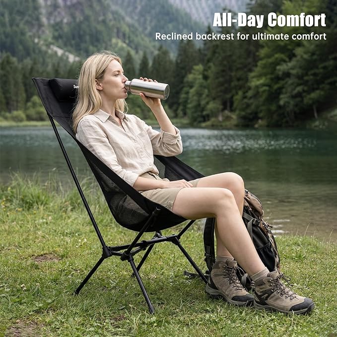 SUNNYFEEL High Back Camping Chair 15 Second Setup Frame 330lb Capacity Portable Backpacking Chair Lightweight &amp Compact Folding Camp Chair for Hiking Camping Black