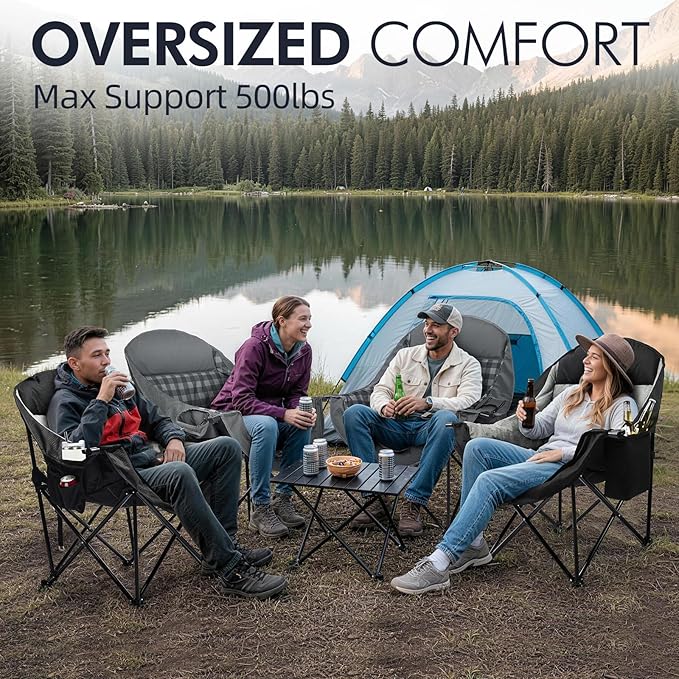 Oversized Camping Chair for Adults - Heavy Duty Outdoor Padded Large Lawn Camp Chair with Cup Holder Cooler Pockets for Sports Beach Fishing Garden Portable Supports 500lbs Black/Grey 2 Pack