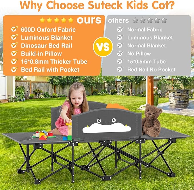 Suteck Kids Camping Cot Comfortable Toddler Cot Bed Easy to Store and Use Portable Sleeping Cot with Guardrail Lightweight Bed for Outdoor Indoor Home