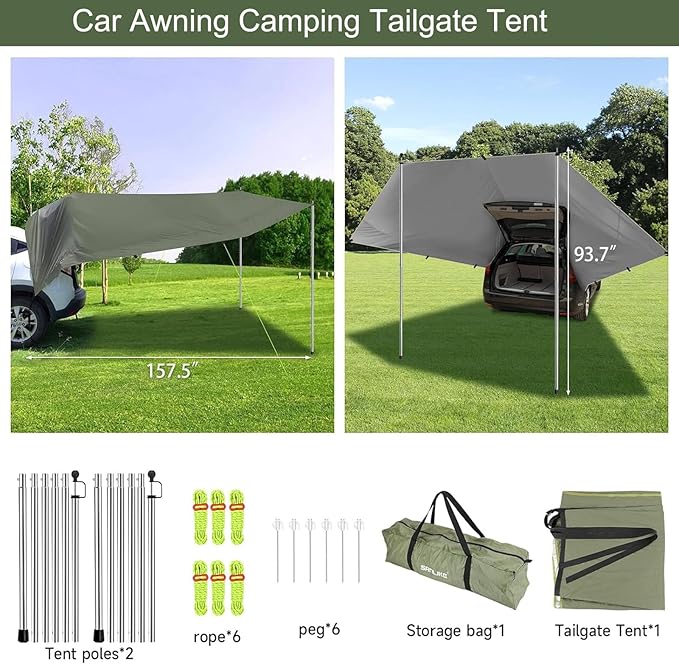 SANLIKE Car Awning Camping Tailgate Tent Car Tent Tarp with Adjustable Tent Poles Tailgate Awning Waterproof Portable Tarp Multifunctional Sun Shelter for SUV Jeep Truck Outdoor Canopy