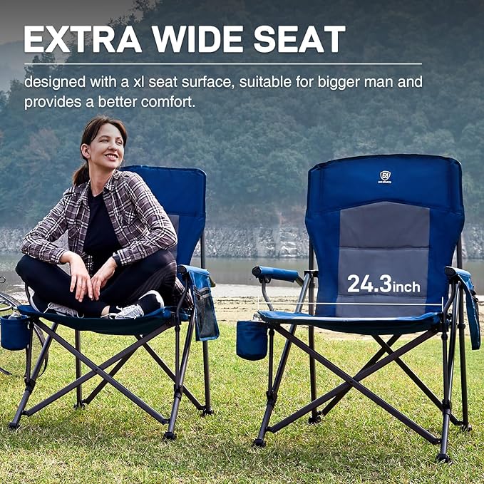 EVER ADVANCED Oversized Folding Camping Chair for Adults Heavy Duty Lawn Chair with Side Pockets Portable Collapsible Quad Chair for Outside Support Up to 500lbs Blue