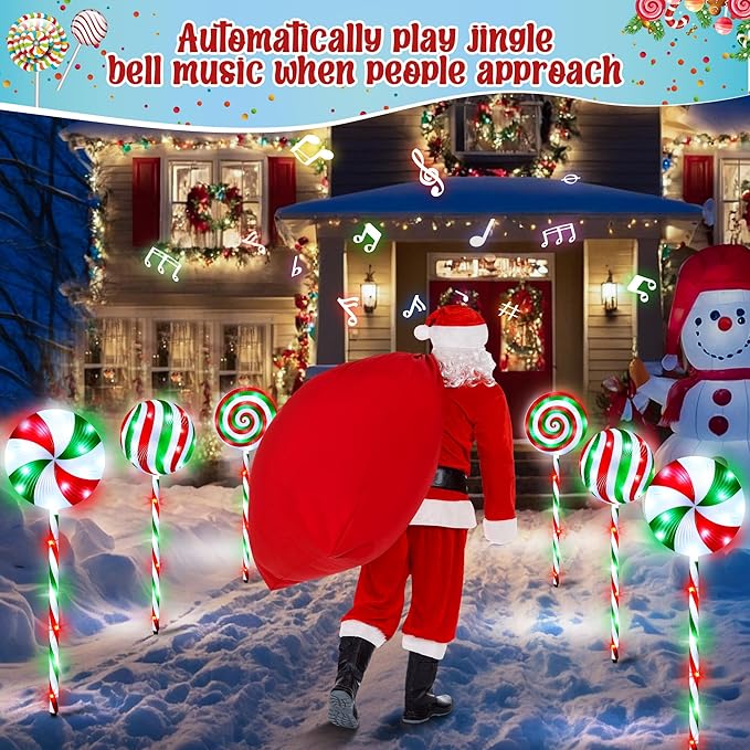 6 in 1 Lollipop Christmas Pathway Lights Outdoor 29 Inch Peppermint Pathway Markers Lights Lighted Candy Cane with 5 Modes and Music for Xmas Holiday Patio Yard Garden(RedWhiteGreen)