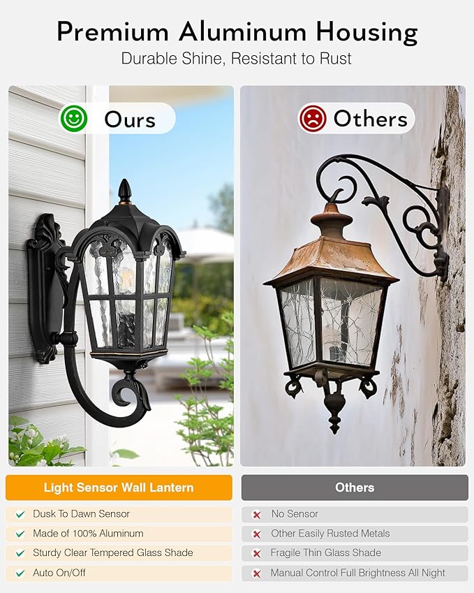 VIANIS 2 Pack Outside Lights for House Dusk to Dawn Black Exterior Light Fixture Wall Mount Anti-Rust Modern Outdoor Sconce Lantern with Rippled Glass for Front Porch Garage Hardwired Non-Solar