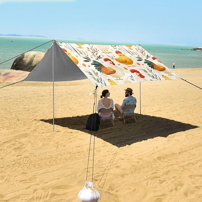 Rooster Hen Chicken Leave Pattern Camping Sun Shelter Beach Tent Portable Beach Sun Shade Outdoor Canopy for Camping Trips Fishing Picnic