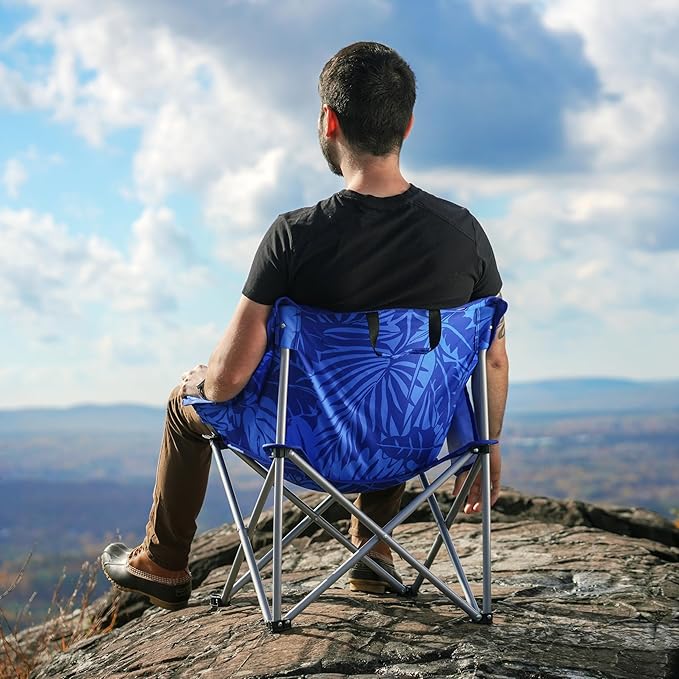 Tommy Bahama Go Everywhere 2-Pack Outdoor Folding Moon Chairs with Storage Pouch and Carry Bag Lightweight Portable Camping Chairs Supports up to 200 lbs. Blue