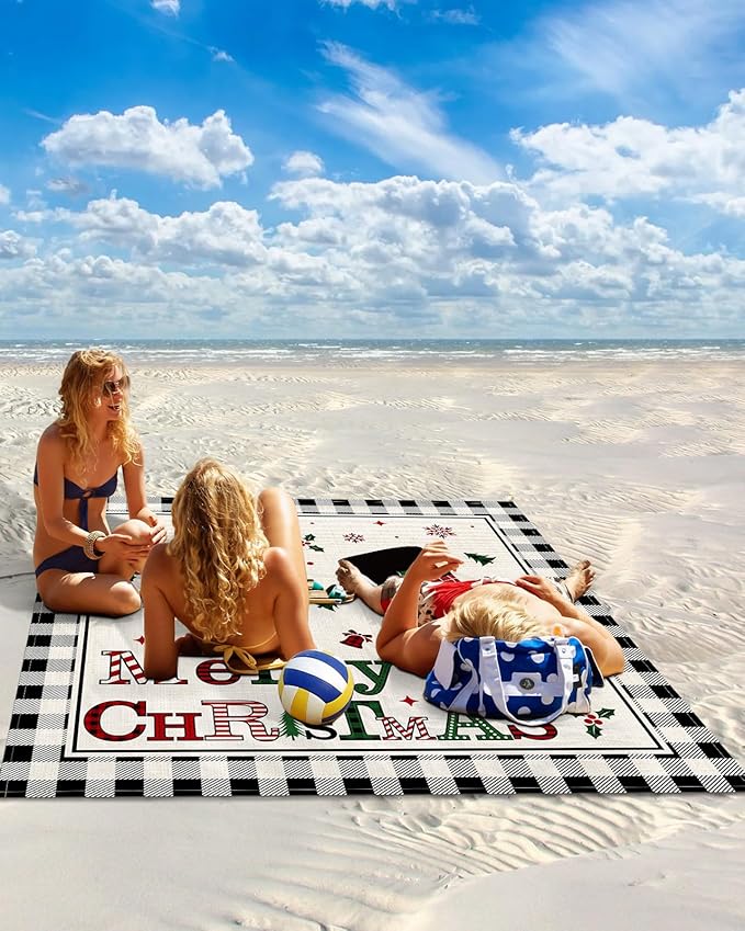 Beach Blanket Waterproof Sandproof OversizedSnowman Merry Christmas Holly Berry Beach Mat with Corner Stakes Sand PocketsWinter Snow Vintage Linen Outdoor Picnic Mat for Travel Camping 95x80In