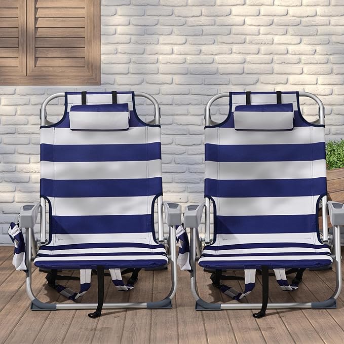 Portable Lightweight Folding Chair for AdultsOutdoor Low Beach Lawn ChairsPortable Backpack Foldable Camping ChairFolding Beach Chairwith Cup Holderfor Patio Pool Yard Garden (Blue Stripes)