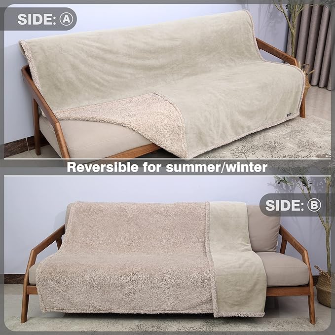 Catalonia Waterproof Bed Blanket Washable Leakproof Bed Cover Reversible Protector Blanket for Couch Sofa Stain Proof Blanket Pad for Adults 80X60 inches Camel/Taupe
