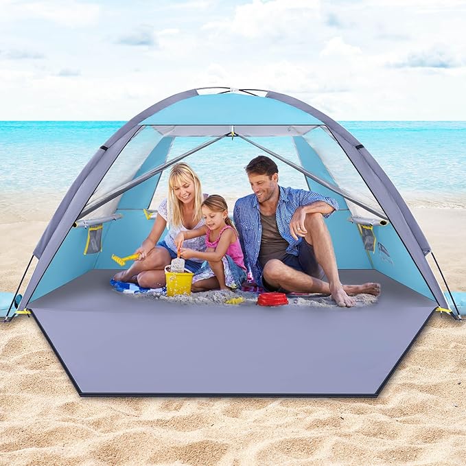 Happy Travel Beach Tent UPF 50+ UV Protection Sun Shade Shelter for 3/4/5/6/7/8 Person Portable Beach Canopy for Family &amp Baby Lightweight &amp Easy Setup Beach Cabana with 3 Ventilation Mesh