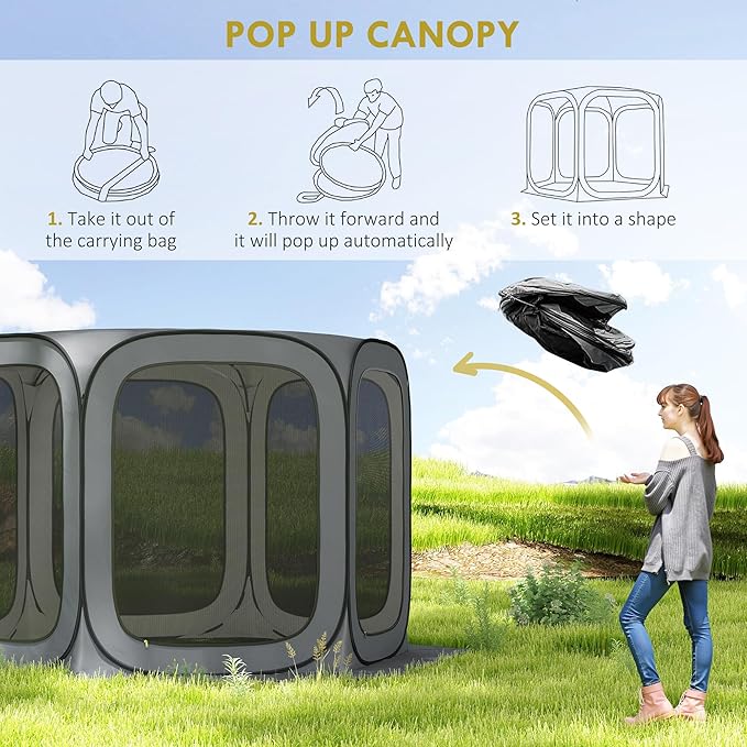 Outsunny 11 x 11ft Pop Up Screen Tent Portable Camping Gazebo Canopy Screen House with UPF50+ Oxford Cloth and Carry Bag for Patio Backyard Deck and Outdoor Activities