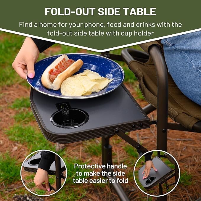 TIMBER RIDGE Folding Camping Chair with Cooler Bag Director Chair Foldable with Side Table for Adults Camp Chairs for Outdoor Lawn Sports Fishing Heavy Duty Supports 300lbs Earth Brown