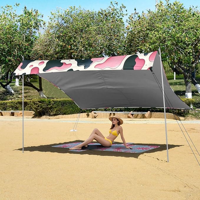 ALAZA Pink &amp Black Cow Prints Beach Tent Sun Shelter UPF50+ Protection Beach Shade Canopy w/ 4 Sandbags for Outdoor Camping Fishing Backyard Fun Picnic 10x9 ft