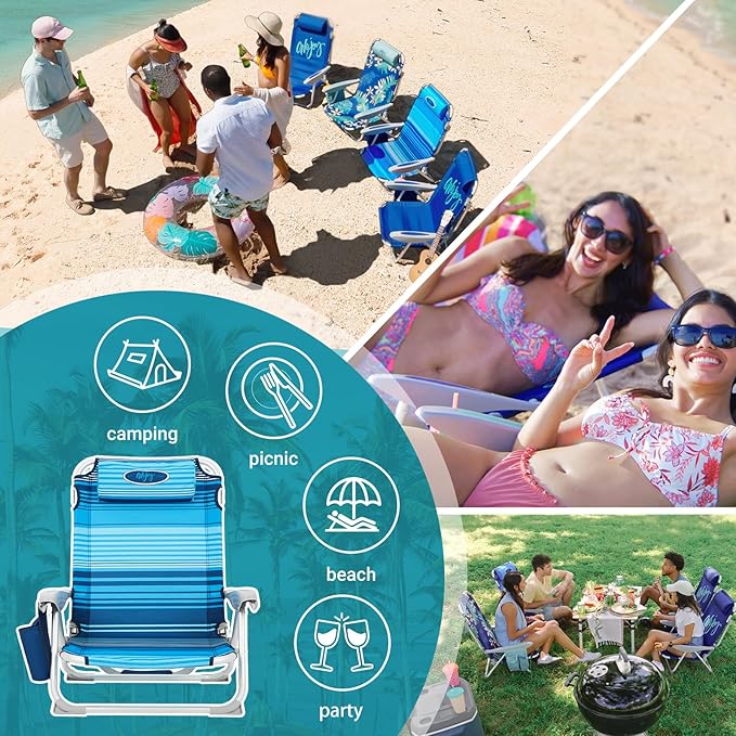 #WEJOY Lightweight Low Beach Chair for Adults 4-Position Aluminum Folding Camping Chairs with Shoulder Strap Cup Holder and Padded Headrest Supports 265lbs for Lawn Outdoor (Bluestrips)
