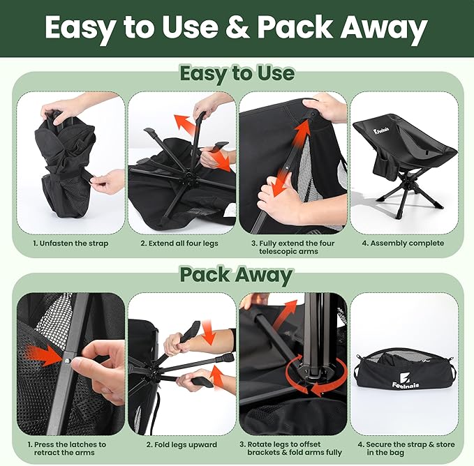 Folding Camping Chairs Lightweight &amp Portable No Assembly 360° Swivel Camping Chair for Adults Compact Outdoor Chairs for Beach Lawn Travel Backpacking Hiking Fishing