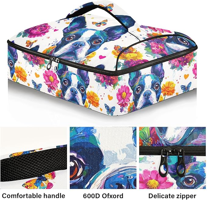 Casserole Carrier Adorable Pattern Colorful DogsInsulated Casserole Carrier for Hot or Cold Food Thermal Lunch Tote for Potluck Parties Picnic Beach Fits 9 x 13 Inches Baking Dish