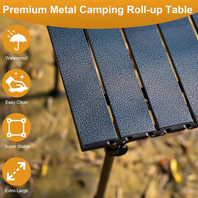 Folding Camping Table Outdoor Roll-up Table Height Adjustable &amp Portable Metal Camp Grill Table for Picnic BBQ Party Backyard Beach Mesh Storage and Carry Bag (Ash Black 47.24'' X-Large)