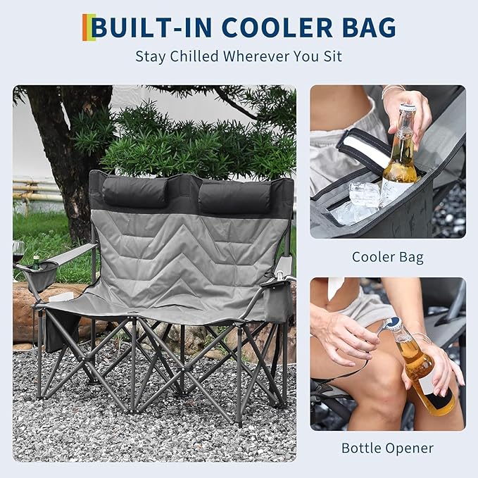 Double Camping Chair with High Back Heavy Duty Folding Loveseat with Pillow&amp Storage Bag for 900lbs Capacity Oversized 2-Person Folding Camp Chair Double Seat for Soccer Games Beach Travel Outd