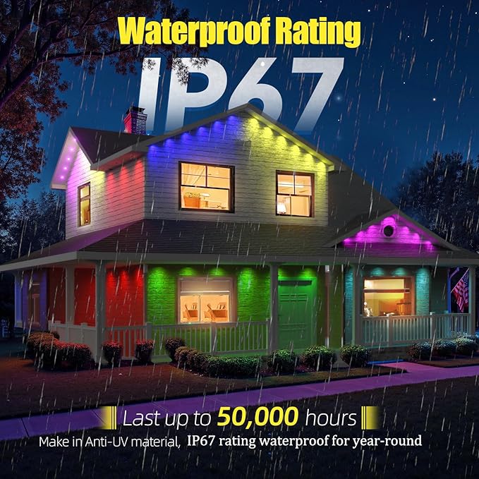 Permanent Outdoor Lights 50ft RGB+IC Smart LED Lights IP67 Waterproof Smart Outdoor Decorations with App/Remote for Christmas New Year Halloween Holiday Daily Party DecorValentine's Day